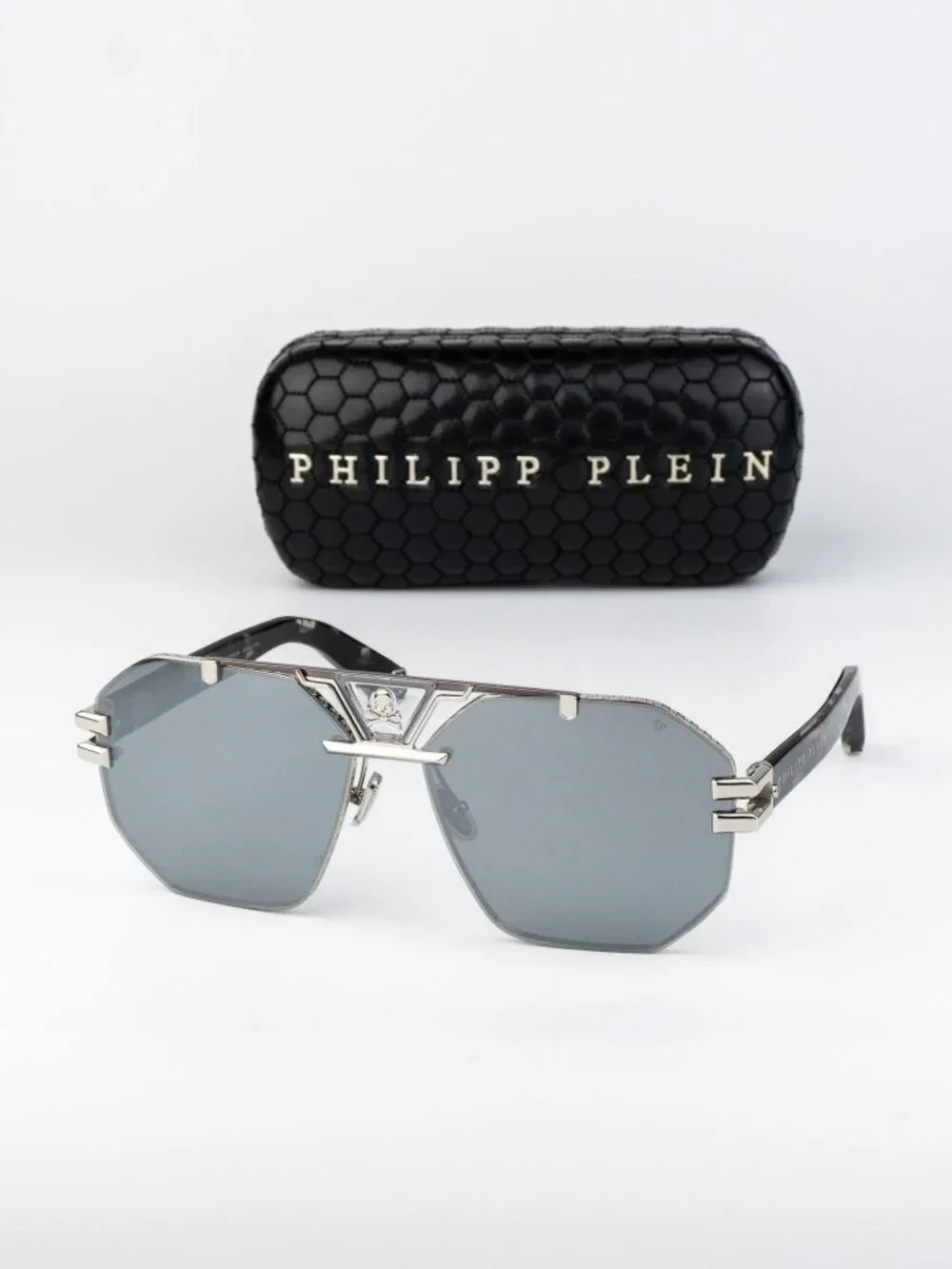 Philipp Plein Men Sunglasses Palladium Smoke Silver Mirror Pilot SPP077V 523X